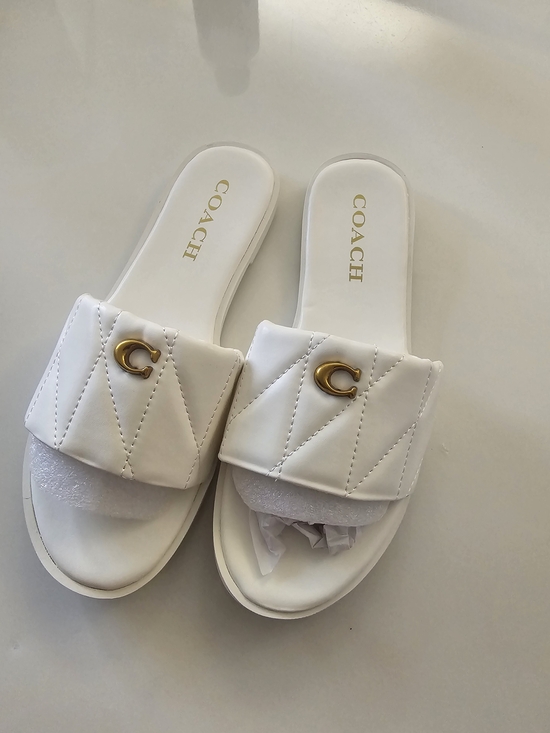 Coach Shoes - Coach Women's White Quilted Slide Sandals with Gold Accent